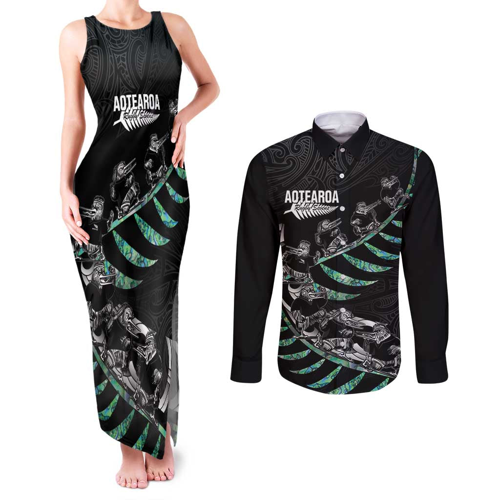 Custom New Zealand Silver Fern Rugby Couples Matching Tank Maxi Dress and Long Sleeve Button Shirt Aotearoa Kiwi Maori Pattern