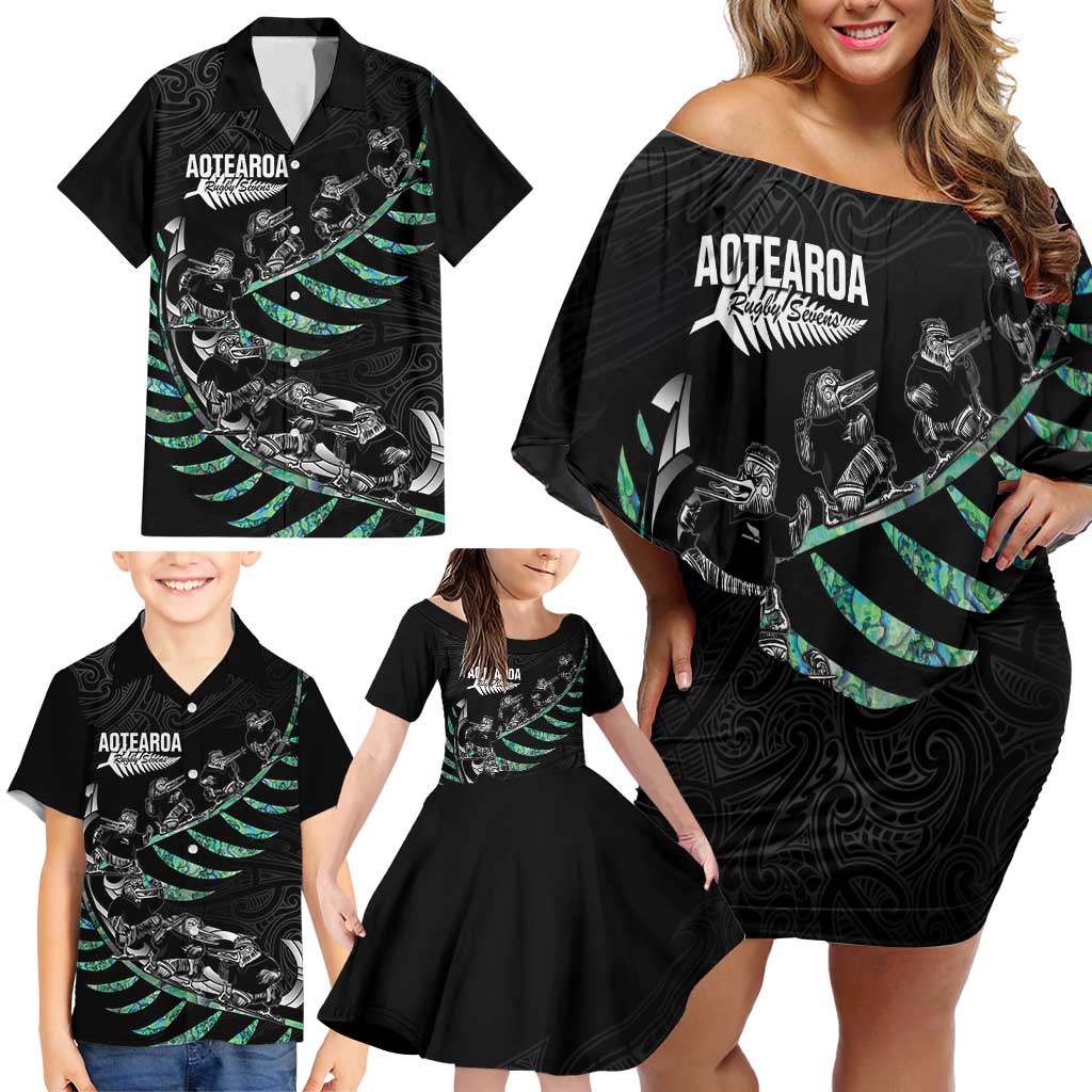 Custom New Zealand Silver Fern Rugby Family Matching Off Shoulder Short Dress and Hawaiian Shirt Aotearoa Kiwi Maori Pattern