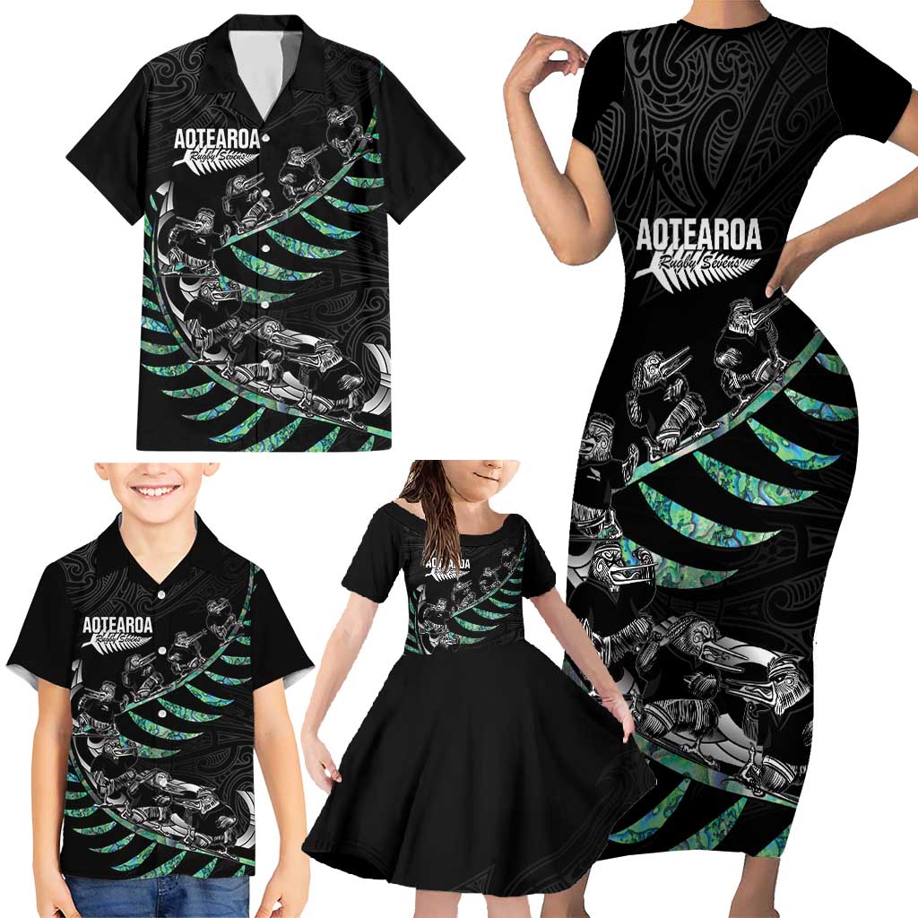 Custom New Zealand Silver Fern Rugby Family Matching Short Sleeve Bodycon Dress and Hawaiian Shirt Aotearoa Kiwi Maori Pattern