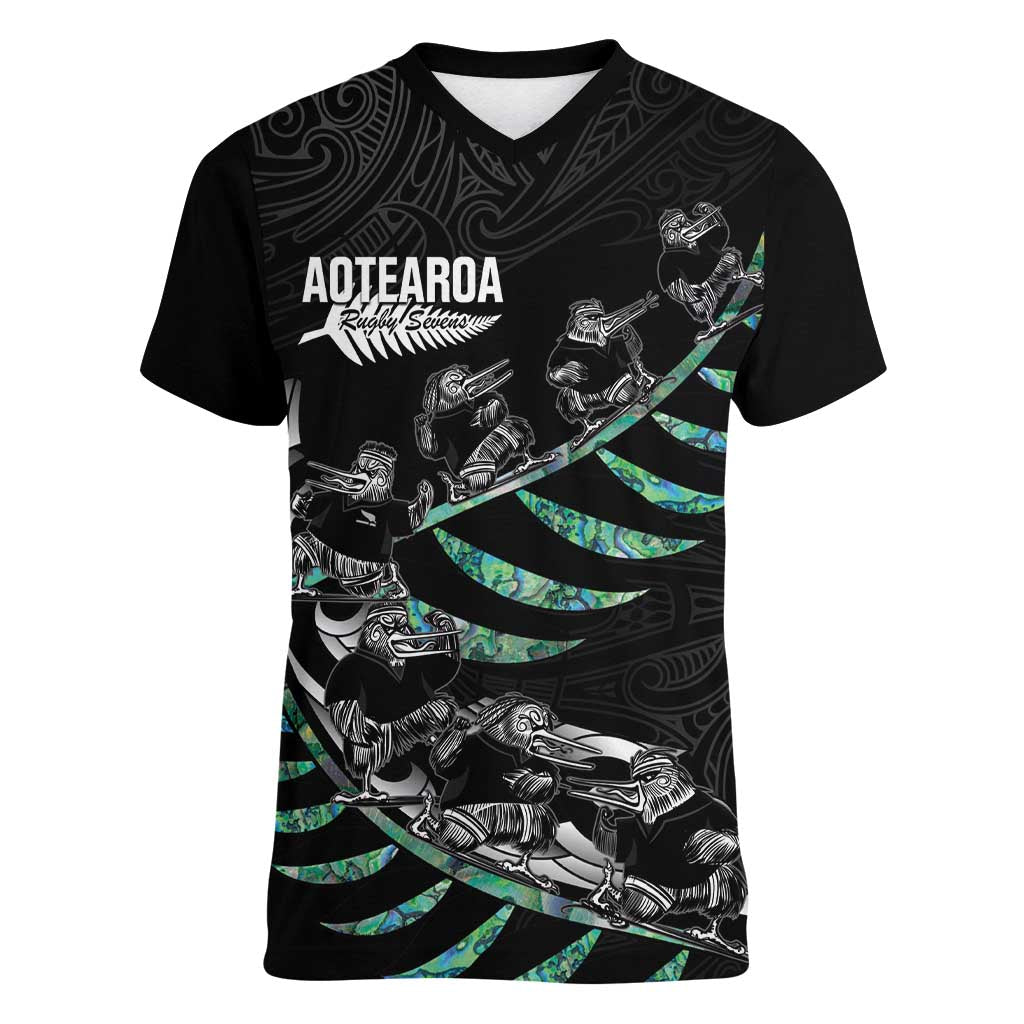 Custom New Zealand Silver Fern Rugby Women V-Neck T-Shirt Aotearoa Kiwi Maori Pattern