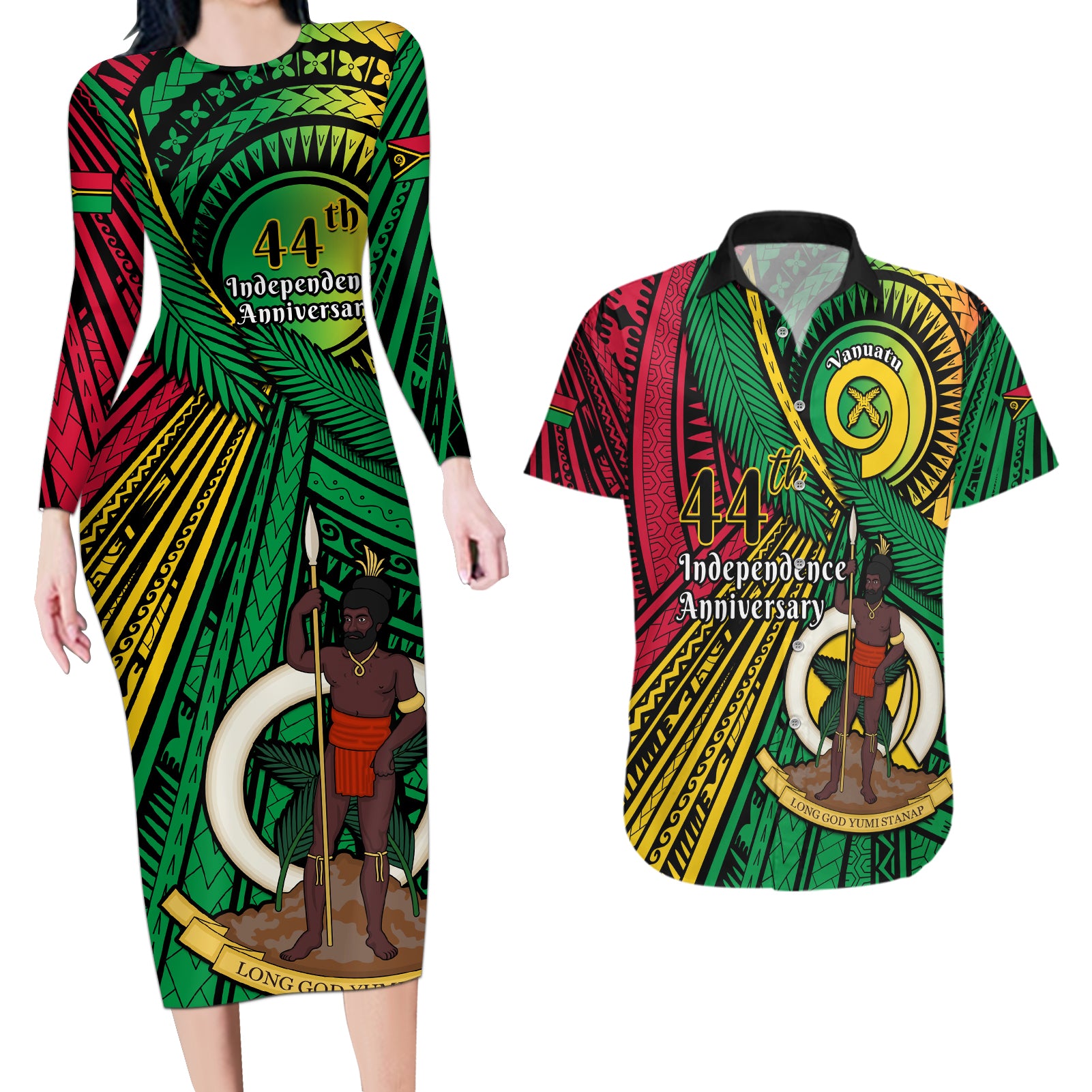 Halo Vanuatu Couples Matching Long Sleeve Bodycon Dress and Hawaiian Shirt Happy 44th Independence Anniversary