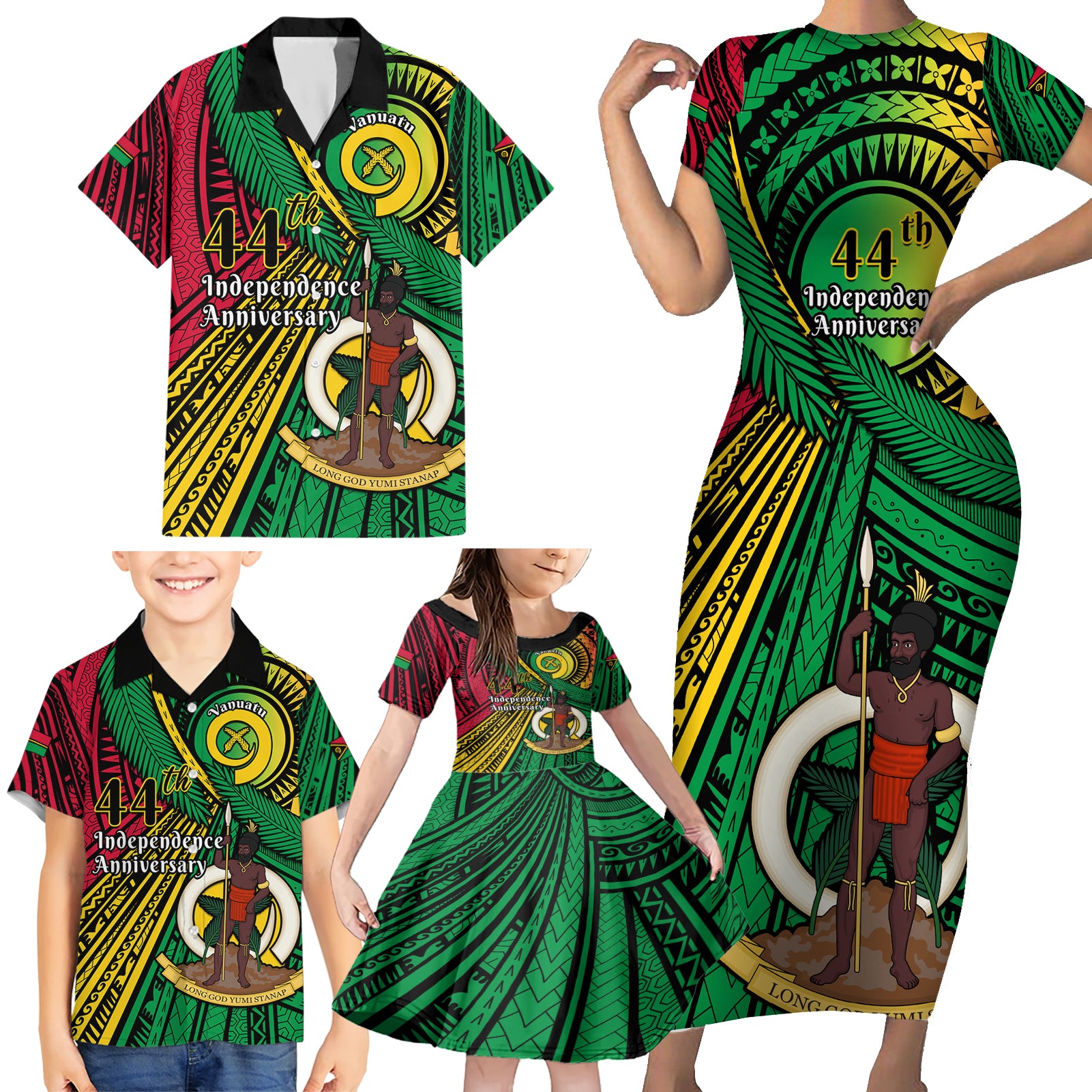 Halo Vanuatu Family Matching Short Sleeve Bodycon Dress and Hawaiian Shirt Happy 44th Independence Anniversary