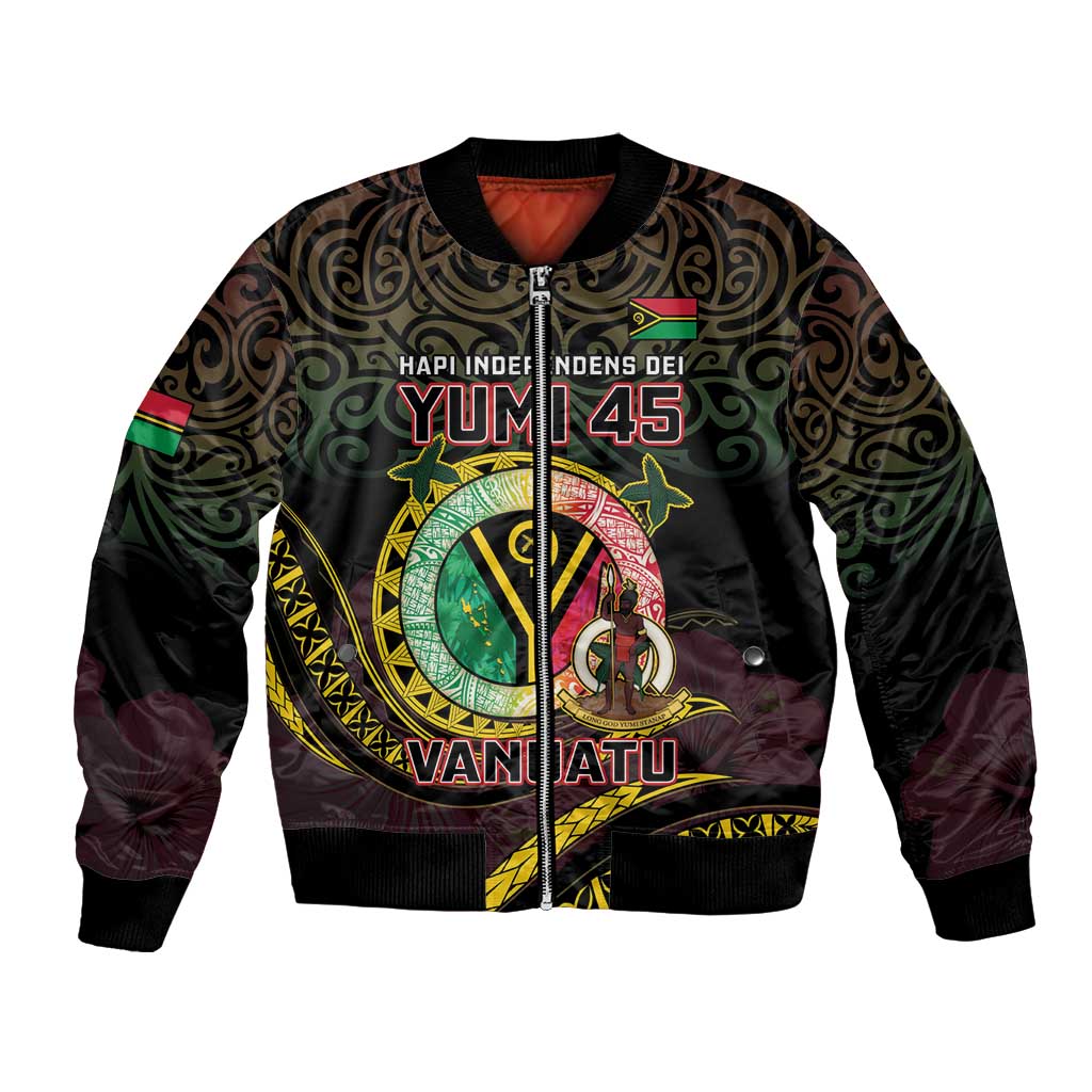 Personalised Vanuatu Bomber Jacket Yumi 45th Hapi Independens Dei - Black Version LT14 Unisex Black - Polynesian Pride