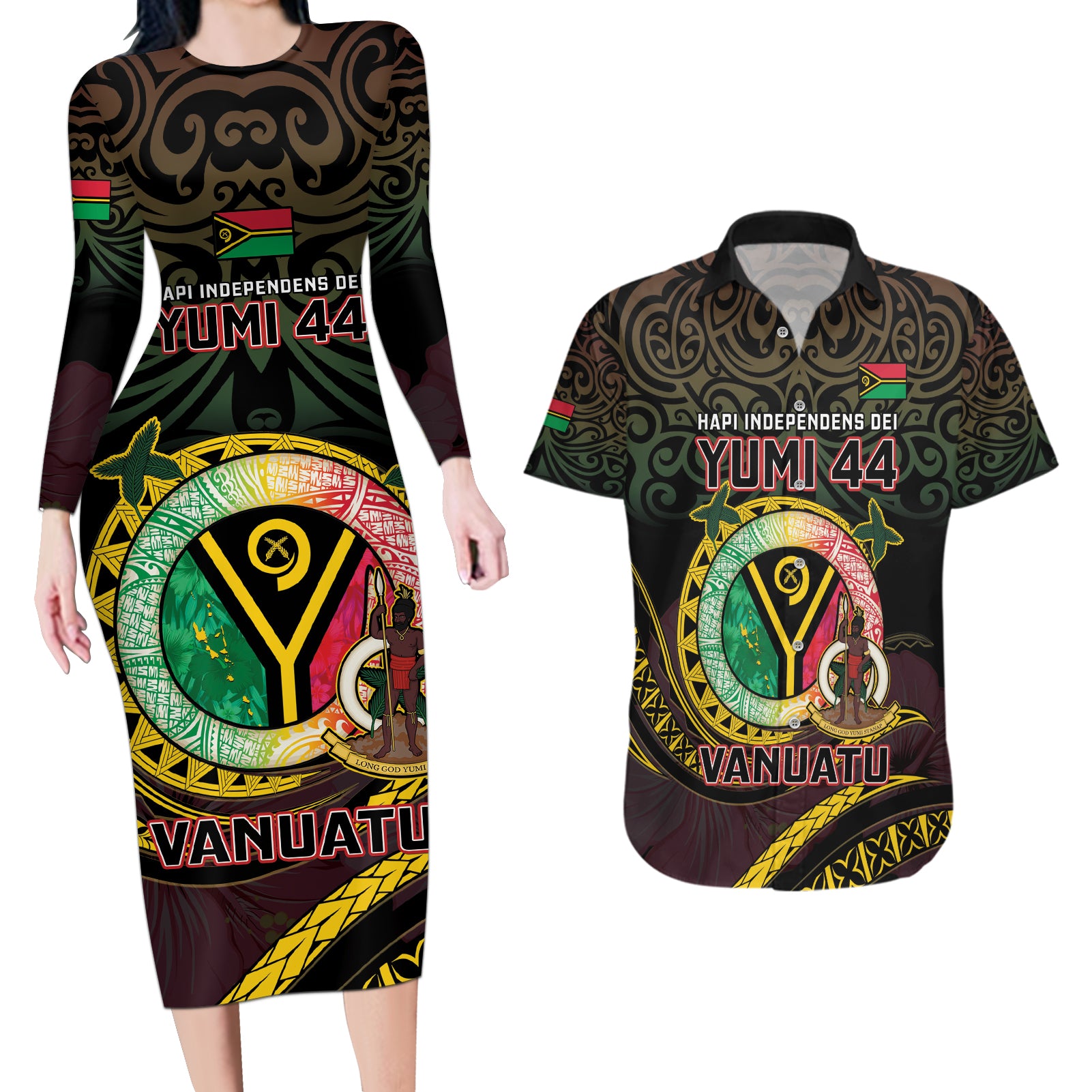 Personalised Vanuatu Couples Matching Long Sleeve Bodycon Dress and Hawaiian Shirt Yumi 44 Hapi Independens Dei - Black Version