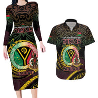 Personalised Vanuatu Couples Matching Long Sleeve Bodycon Dress and Hawaiian Shirt Yumi 45th Hapi Independens Dei - Black Version LT14 Black - Polynesian Pride