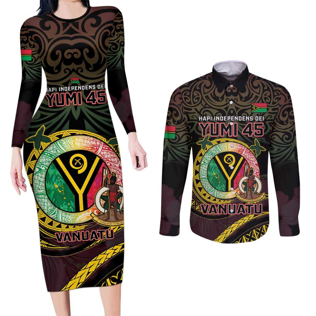 Personalised Vanuatu Couples Matching Long Sleeve Bodycon Dress and Long Sleeve Button Shirt Yumi 45th Hapi Independens Dei - Black Version LT14 Black - Polynesian Pride