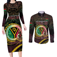 Personalised Vanuatu Couples Matching Long Sleeve Bodycon Dress and Long Sleeve Button Shirt Yumi 45th Hapi Independens Dei - Black Version LT14 Black - Polynesian Pride