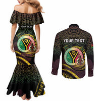 Personalised Vanuatu Couples Matching Mermaid Dress and Long Sleeve Button Shirt Yumi 45th Hapi Independens Dei - Black Version LT14 - Polynesian Pride