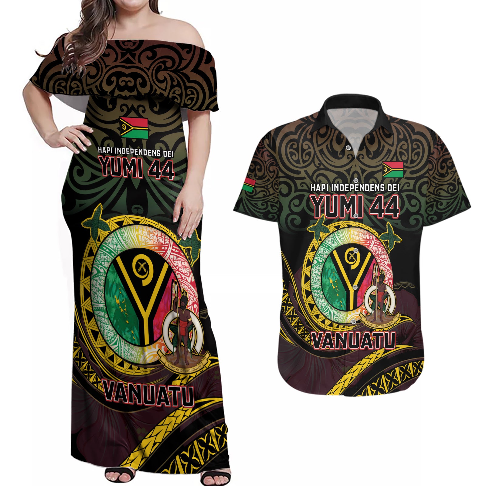 Personalised Vanuatu Couples Matching Off Shoulder Maxi Dress and Hawaiian Shirt Yumi 44 Hapi Independens Dei - Black Version