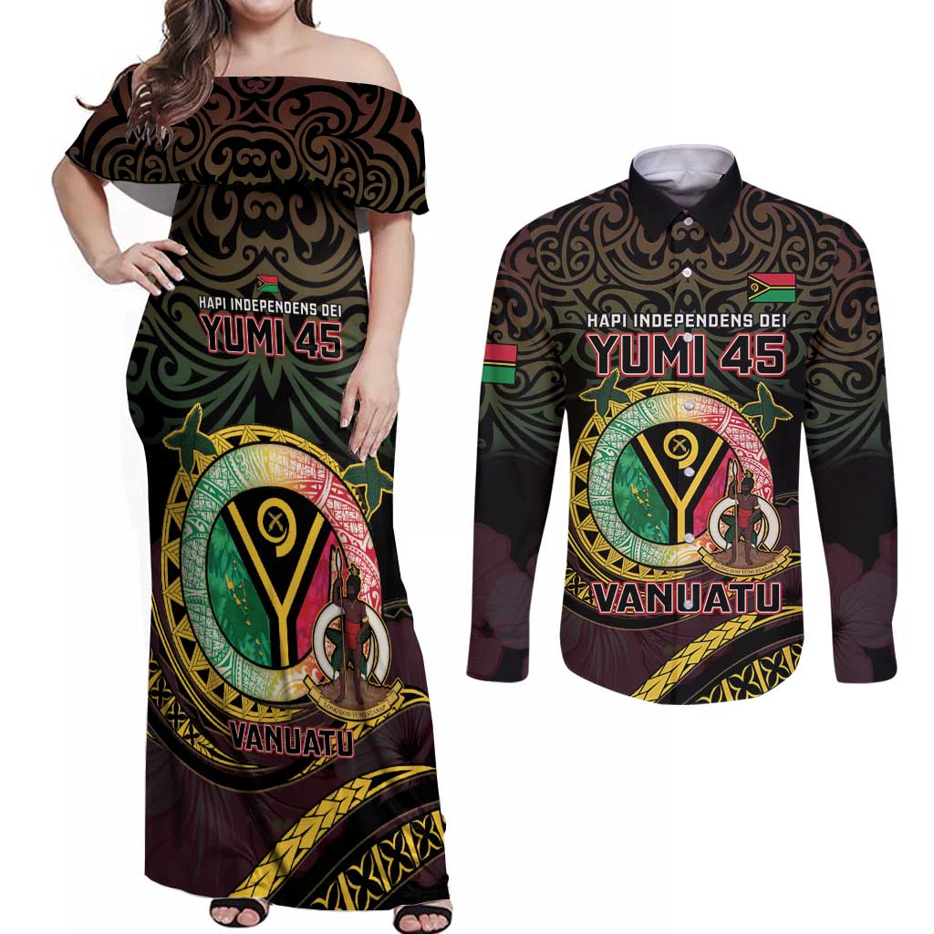 Personalised Vanuatu Couples Matching Off Shoulder Maxi Dress and Long Sleeve Button Shirt Yumi 45th Hapi Independens Dei - Black Version LT14 Black - Polynesian Pride