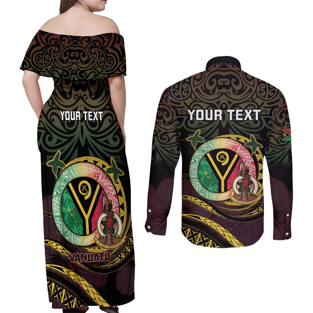 Personalised Vanuatu Couples Matching Off Shoulder Maxi Dress and Long Sleeve Button Shirt Yumi 45th Hapi Independens Dei - Black Version LT14 - Polynesian Pride