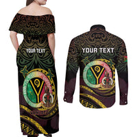 Personalised Vanuatu Couples Matching Off Shoulder Maxi Dress and Long Sleeve Button Shirt Yumi 45th Hapi Independens Dei - Black Version LT14 - Polynesian Pride