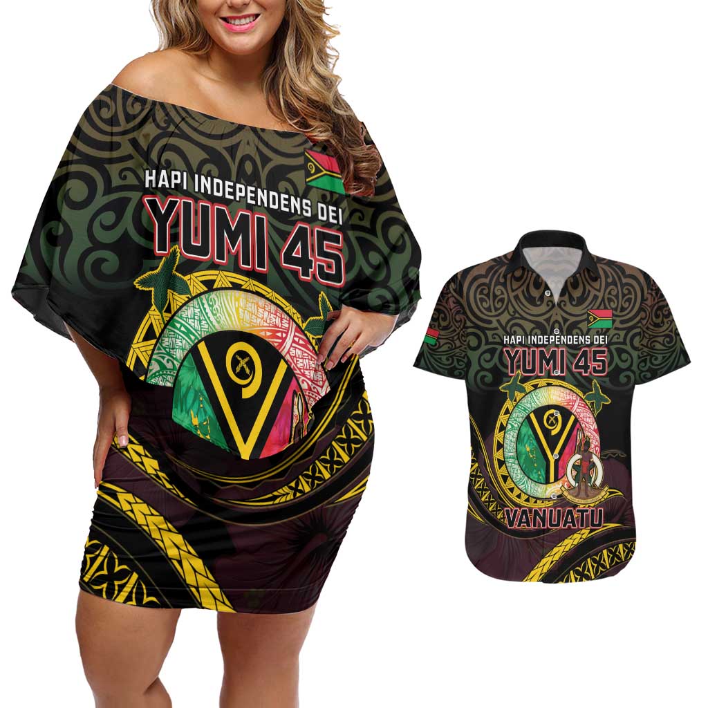 Personalised Vanuatu Couples Matching Off Shoulder Short Dress and Hawaiian Shirt Yumi 45th Hapi Independens Dei - Black Version LT14 Black - Polynesian Pride