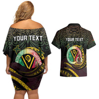 Personalised Vanuatu Couples Matching Off Shoulder Short Dress and Hawaiian Shirt Yumi 45th Hapi Independens Dei - Black Version LT14 - Polynesian Pride