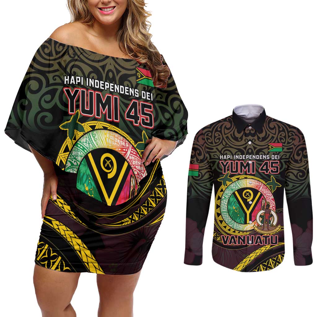 Personalised Vanuatu Couples Matching Off Shoulder Short Dress and Long Sleeve Button Shirt Yumi 45th Hapi Independens Dei - Black Version LT14 Black - Polynesian Pride