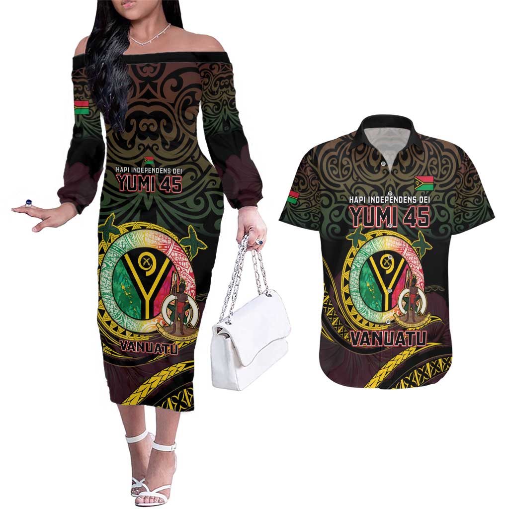 Personalised Vanuatu Couples Matching Off The Shoulder Long Sleeve Dress and Hawaiian Shirt Yumi 45th Hapi Independens Dei - Black Version LT14 Black - Polynesian Pride