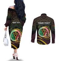 Personalised Vanuatu Couples Matching Off The Shoulder Long Sleeve Dress and Long Sleeve Button Shirt Yumi 45th Hapi Independens Dei - Black Version LT14 - Polynesian Pride