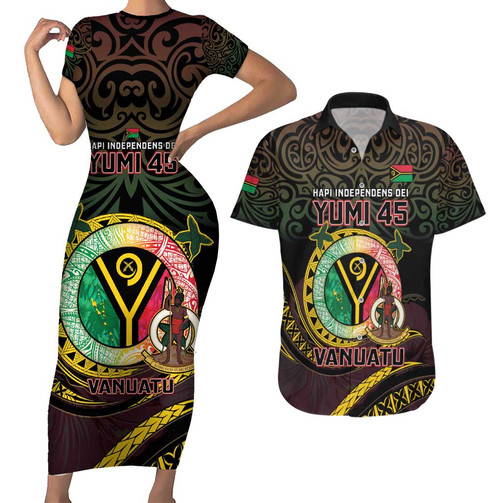 Personalised Vanuatu Couples Matching Short Sleeve Bodycon Dress and Hawaiian Shirt Yumi 45th Hapi Independens Dei - Black Version LT14 Black - Polynesian Pride