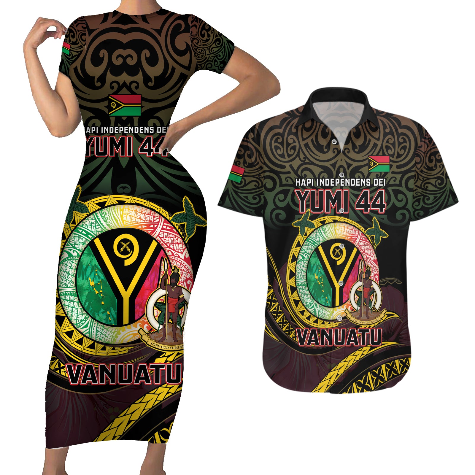 Personalised Vanuatu Couples Matching Short Sleeve Bodycon Dress and Hawaiian Shirt Yumi 44 Hapi Independens Dei - Black Version