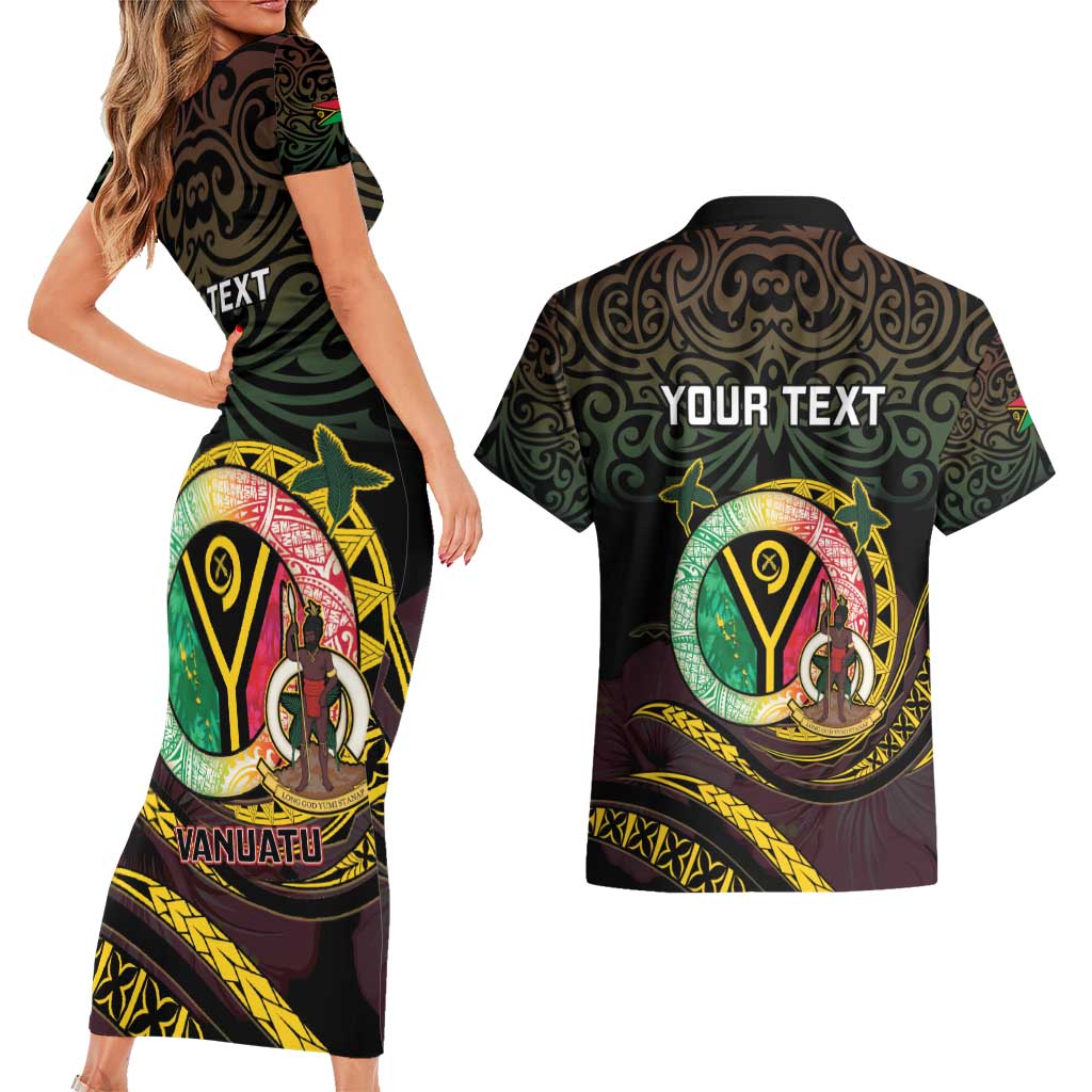 Personalised Vanuatu Couples Matching Short Sleeve Bodycon Dress and Hawaiian Shirt Yumi 45th Hapi Independens Dei - Black Version LT14 - Polynesian Pride