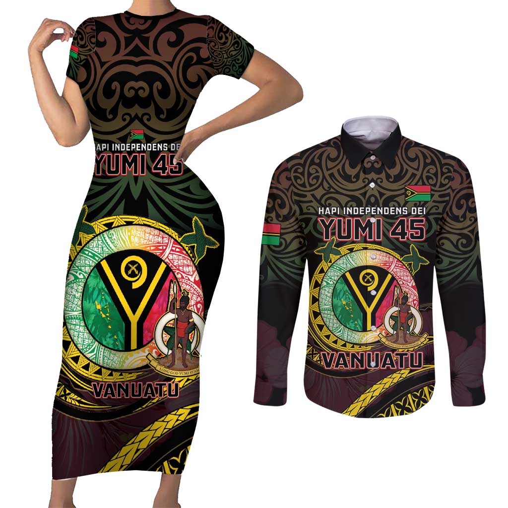 Personalised Vanuatu Couples Matching Short Sleeve Bodycon Dress and Long Sleeve Button Shirt Yumi 45th Hapi Independens Dei - Black Version LT14 Black - Polynesian Pride