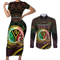 Personalised Vanuatu Couples Matching Short Sleeve Bodycon Dress and Long Sleeve Button Shirt Yumi 45th Hapi Independens Dei - Black Version LT14 Black - Polynesian Pride