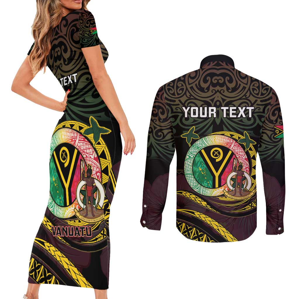 Personalised Vanuatu Couples Matching Short Sleeve Bodycon Dress and Long Sleeve Button Shirt Yumi 45th Hapi Independens Dei - Black Version LT14 - Polynesian Pride