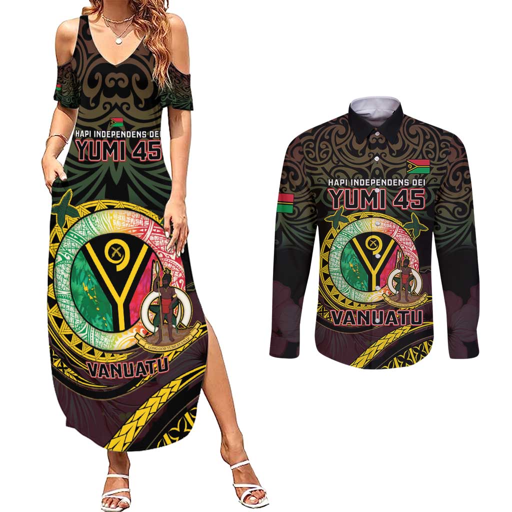Personalised Vanuatu Couples Matching Summer Maxi Dress and Long Sleeve Button Shirt Yumi 45th Hapi Independens Dei - Black Version LT14 Black - Polynesian Pride
