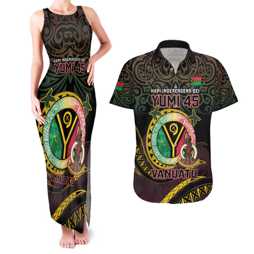 Personalised Vanuatu Couples Matching Tank Maxi Dress and Hawaiian Shirt Yumi 45th Hapi Independens Dei - Black Version LT14 Black - Polynesian Pride
