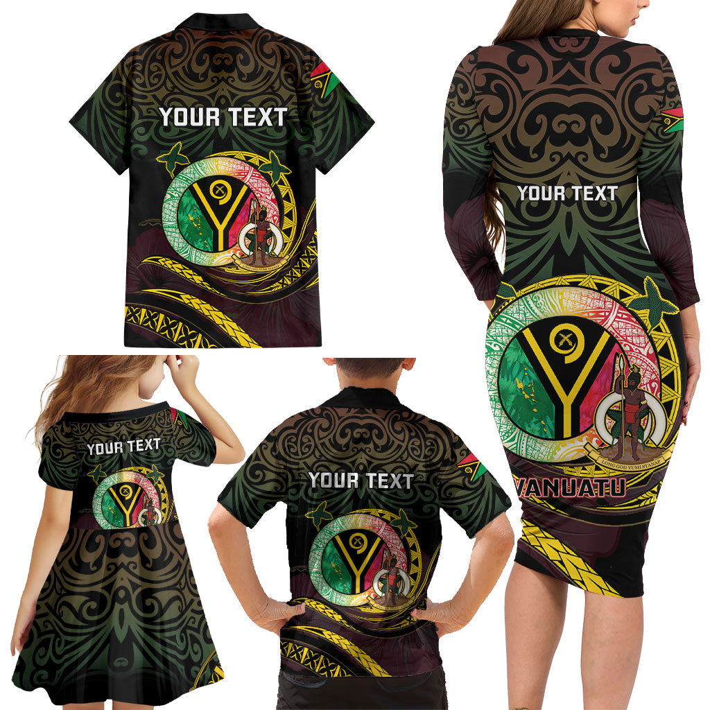 Personalised Vanuatu Family Matching Long Sleeve Bodycon Dress and Hawaiian Shirt Yumi 46th Hapi Independens Dei - Black Version LT14 - Polynesian Pride