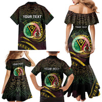 Personalised Vanuatu Family Matching Mermaid Dress and Hawaiian Shirt Yumi 45th Hapi Independens Dei - Black Version LT14 - Polynesian Pride