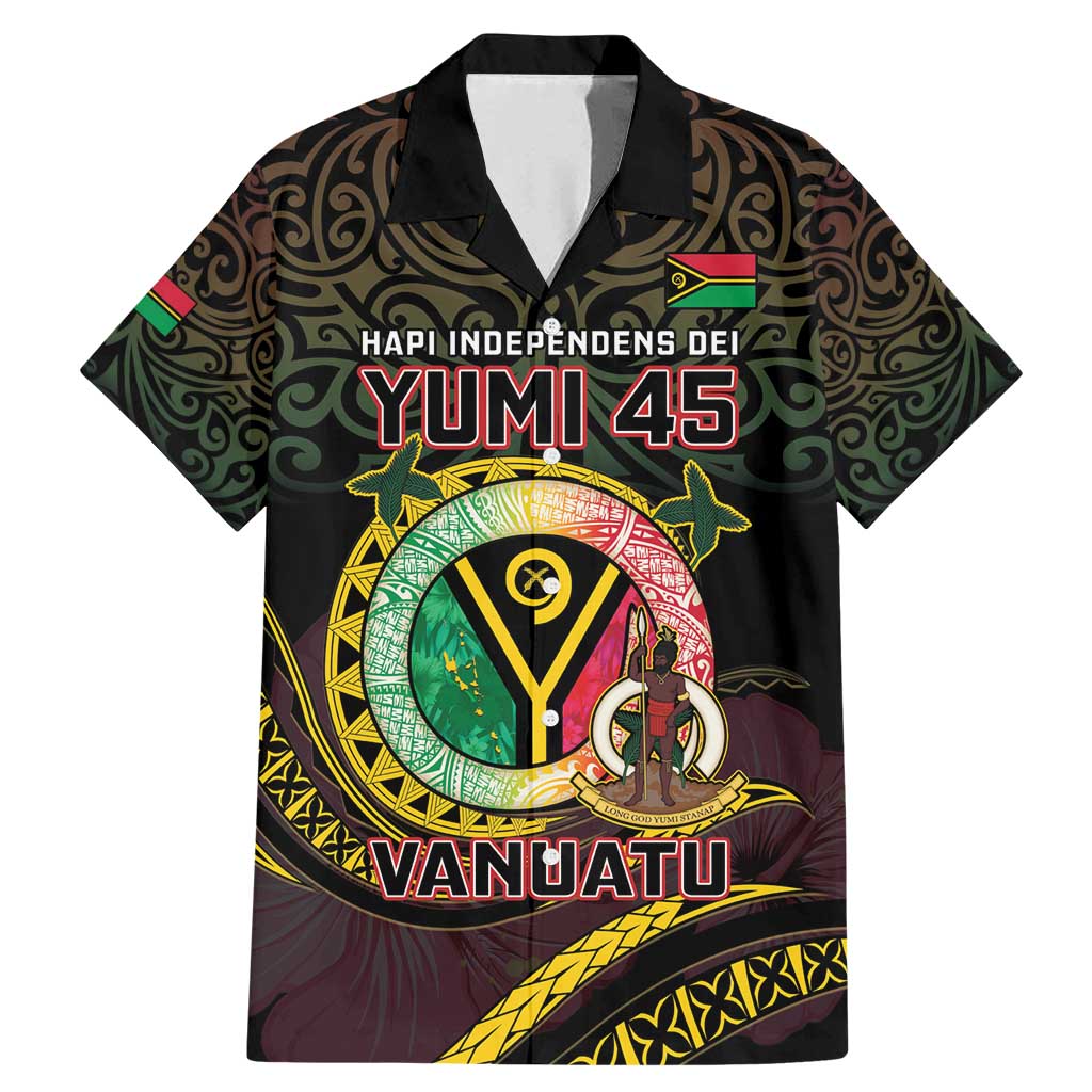 Personalised Vanuatu Family Matching Mermaid Dress and Hawaiian Shirt Yumi 45th Hapi Independens Dei - Black Version LT14 Dad's Shirt - Short Sleeve Black - Polynesian Pride