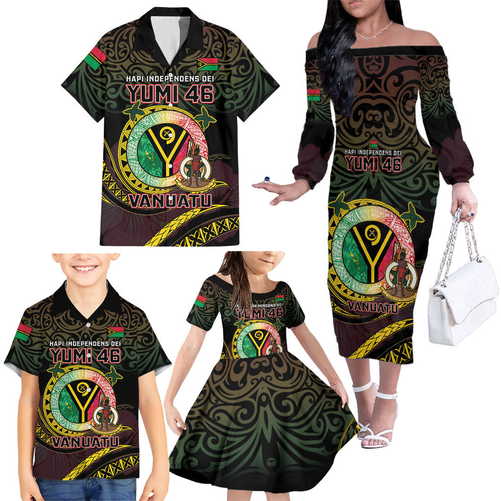 Personalised Vanuatu Family Matching Off The Shoulder Long Sleeve Dress and Hawaiian Shirt Yumi 46th Hapi Independens Dei - Black Version LT14 - Polynesian Pride