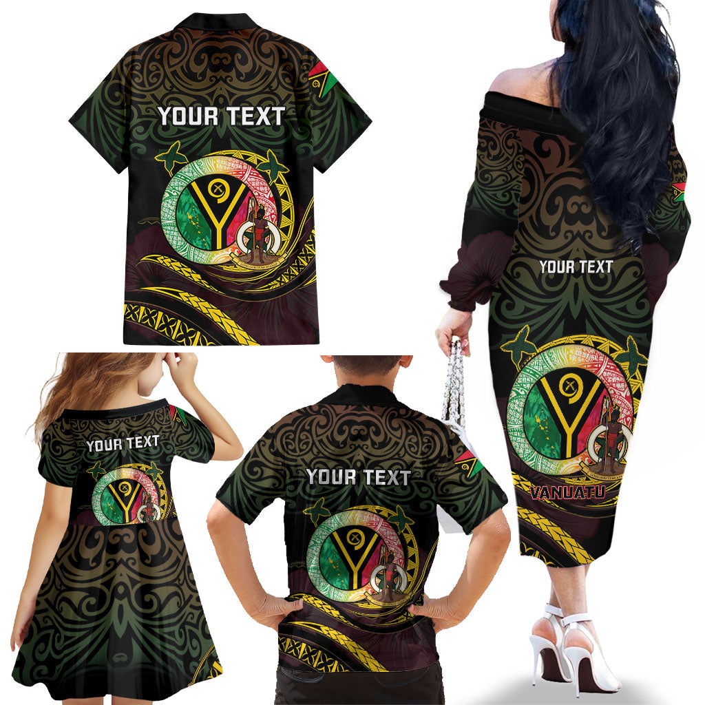 Personalised Vanuatu Family Matching Off The Shoulder Long Sleeve Dress and Hawaiian Shirt Yumi 46th Hapi Independens Dei - Black Version LT14 - Polynesian Pride