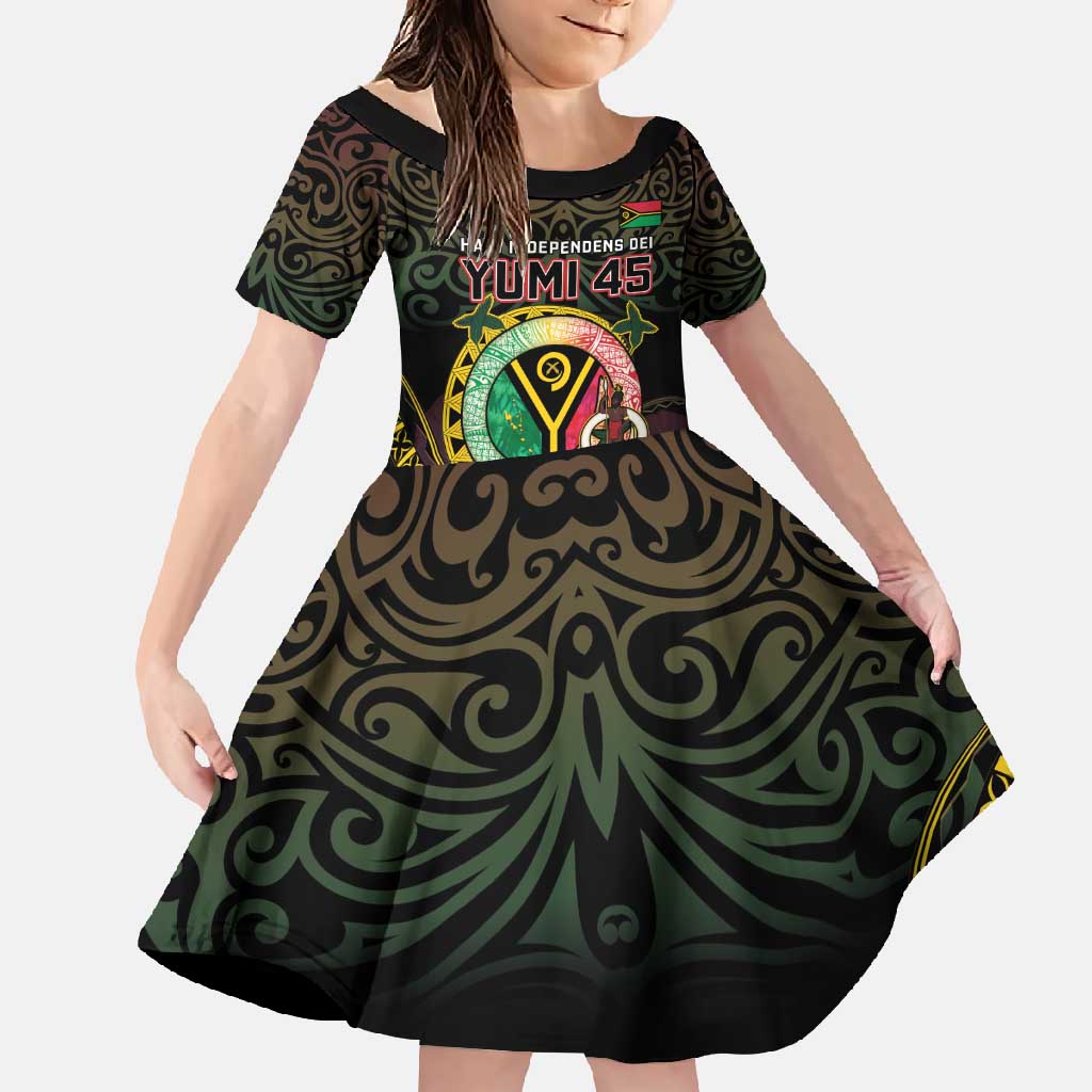 Personalised Vanuatu Family Matching Off Shoulder Maxi Dress and Hawaiian Shirt Yumi 45th Hapi Independens Dei - Black Version LT14 Daughter's Dress Black - Polynesian Pride