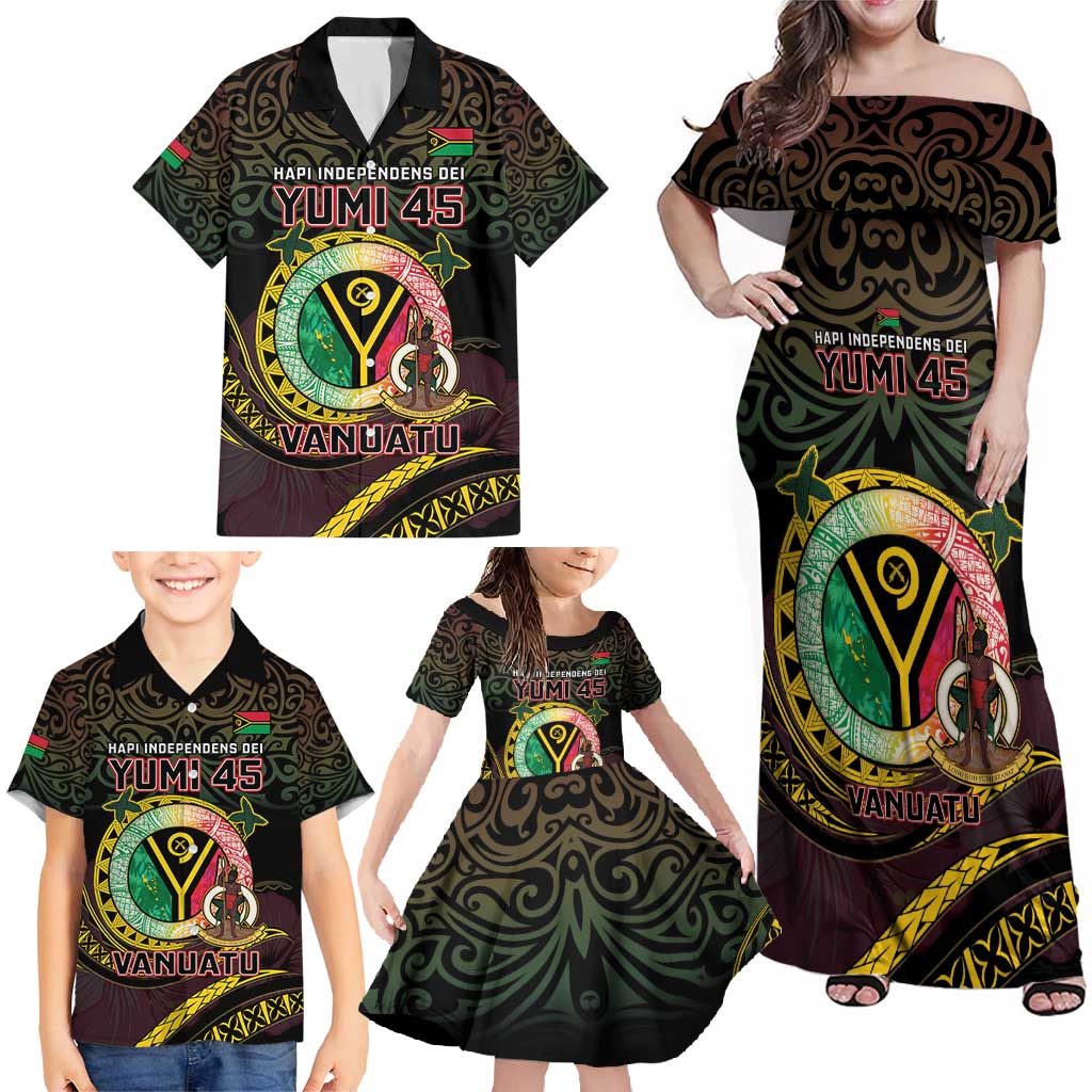 Personalised Vanuatu Family Matching Off Shoulder Maxi Dress and Hawaiian Shirt Yumi 45th Hapi Independens Dei - Black Version LT14 - Polynesian Pride