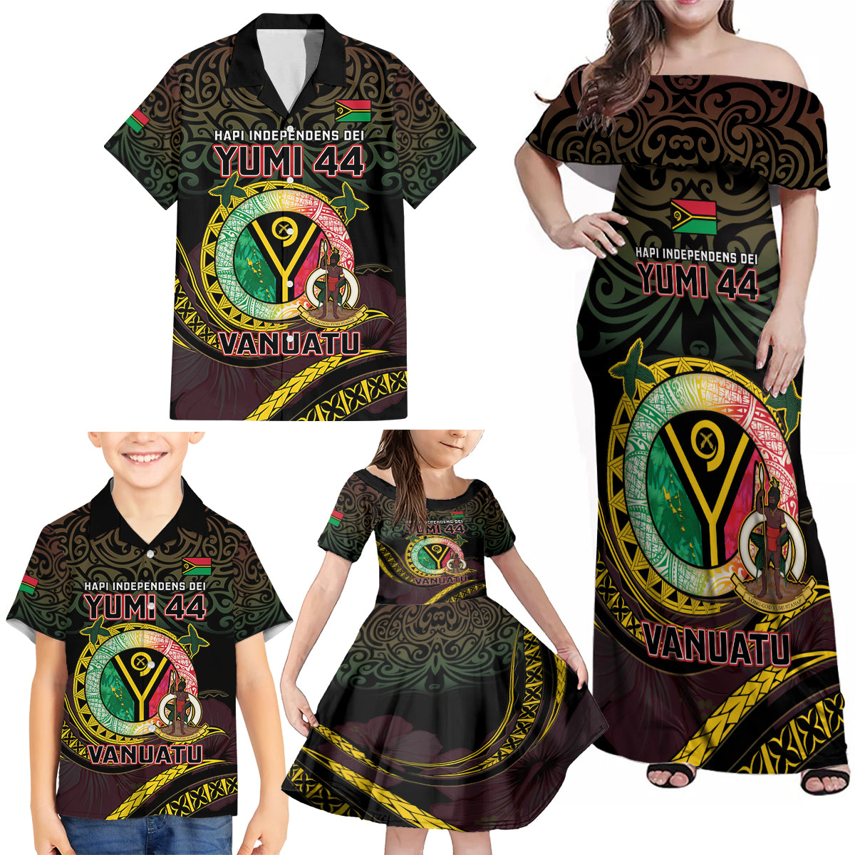 Personalised Vanuatu Family Matching Off Shoulder Maxi Dress and Hawaiian Shirt Yumi 44 Hapi Independens Dei - Black Version