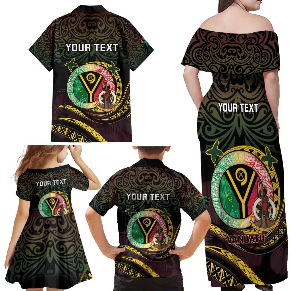 Personalised Vanuatu Family Matching Off Shoulder Maxi Dress and Hawaiian Shirt Yumi 45th Hapi Independens Dei - Black Version LT14 - Polynesian Pride