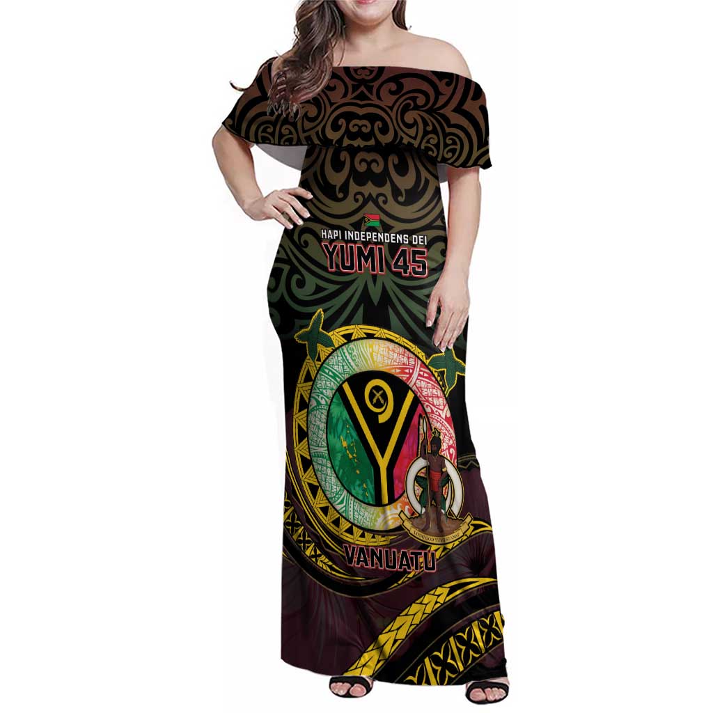 Personalised Vanuatu Family Matching Off Shoulder Maxi Dress and Hawaiian Shirt Yumi 45th Hapi Independens Dei - Black Version LT14 Mom's Dress Black - Polynesian Pride