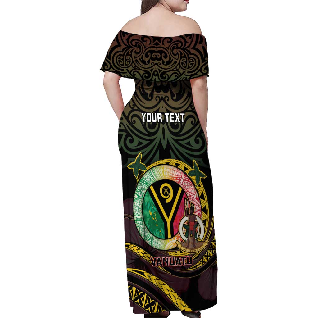 Personalised Vanuatu Family Matching Off Shoulder Maxi Dress and Hawaiian Shirt Yumi 45th Hapi Independens Dei - Black Version LT14 - Polynesian Pride