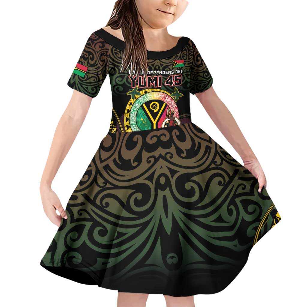 Personalised Vanuatu Family Matching Off Shoulder Short Dress and Hawaiian Shirt Yumi 45th Hapi Independens Dei - Black Version LT14 Daughter's Dress Black - Polynesian Pride
