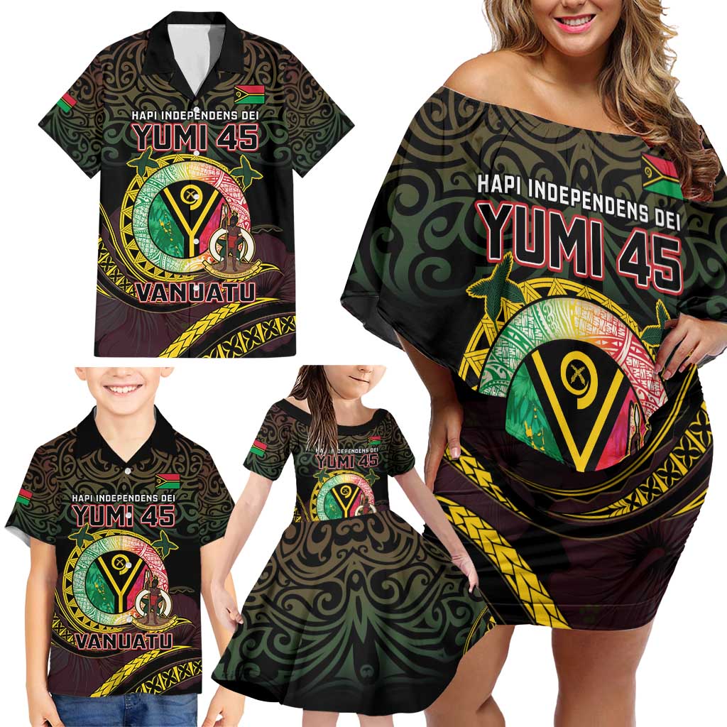 Personalised Vanuatu Family Matching Off Shoulder Short Dress and Hawaiian Shirt Yumi 45th Hapi Independens Dei - Black Version LT14 - Polynesian Pride