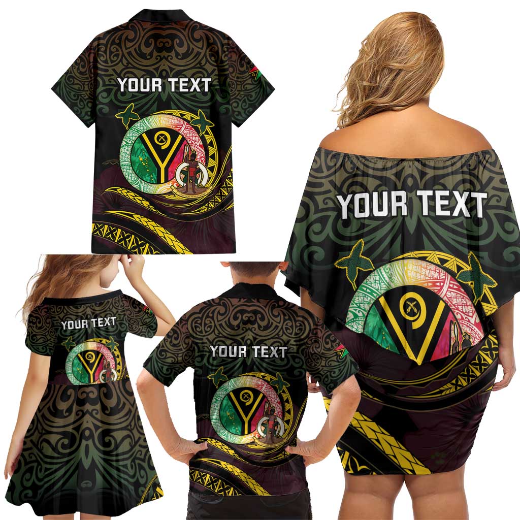 Personalised Vanuatu Family Matching Off Shoulder Short Dress and Hawaiian Shirt Yumi 45th Hapi Independens Dei - Black Version LT14 - Polynesian Pride