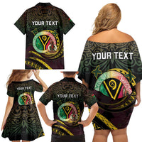 Personalised Vanuatu Family Matching Off Shoulder Short Dress and Hawaiian Shirt Yumi 45th Hapi Independens Dei - Black Version LT14 - Polynesian Pride