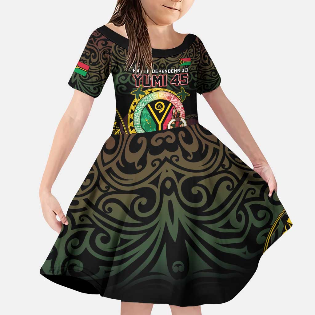 Personalised Vanuatu Family Matching Puletasi and Hawaiian Shirt Yumi 45th Hapi Independens Dei - Black Version LT14 Daughter's Dress Black - Polynesian Pride