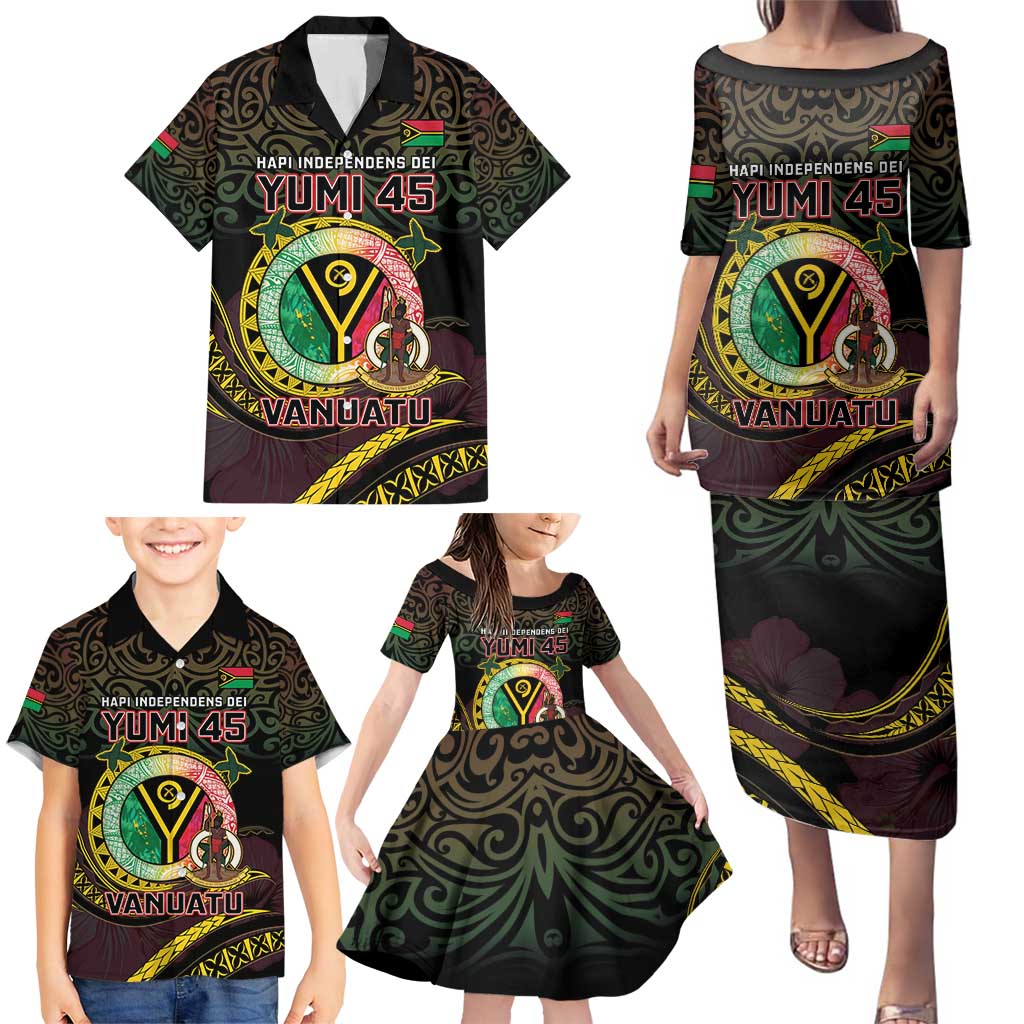 Personalised Vanuatu Family Matching Puletasi and Hawaiian Shirt Yumi 45th Hapi Independens Dei - Black Version LT14 - Polynesian Pride