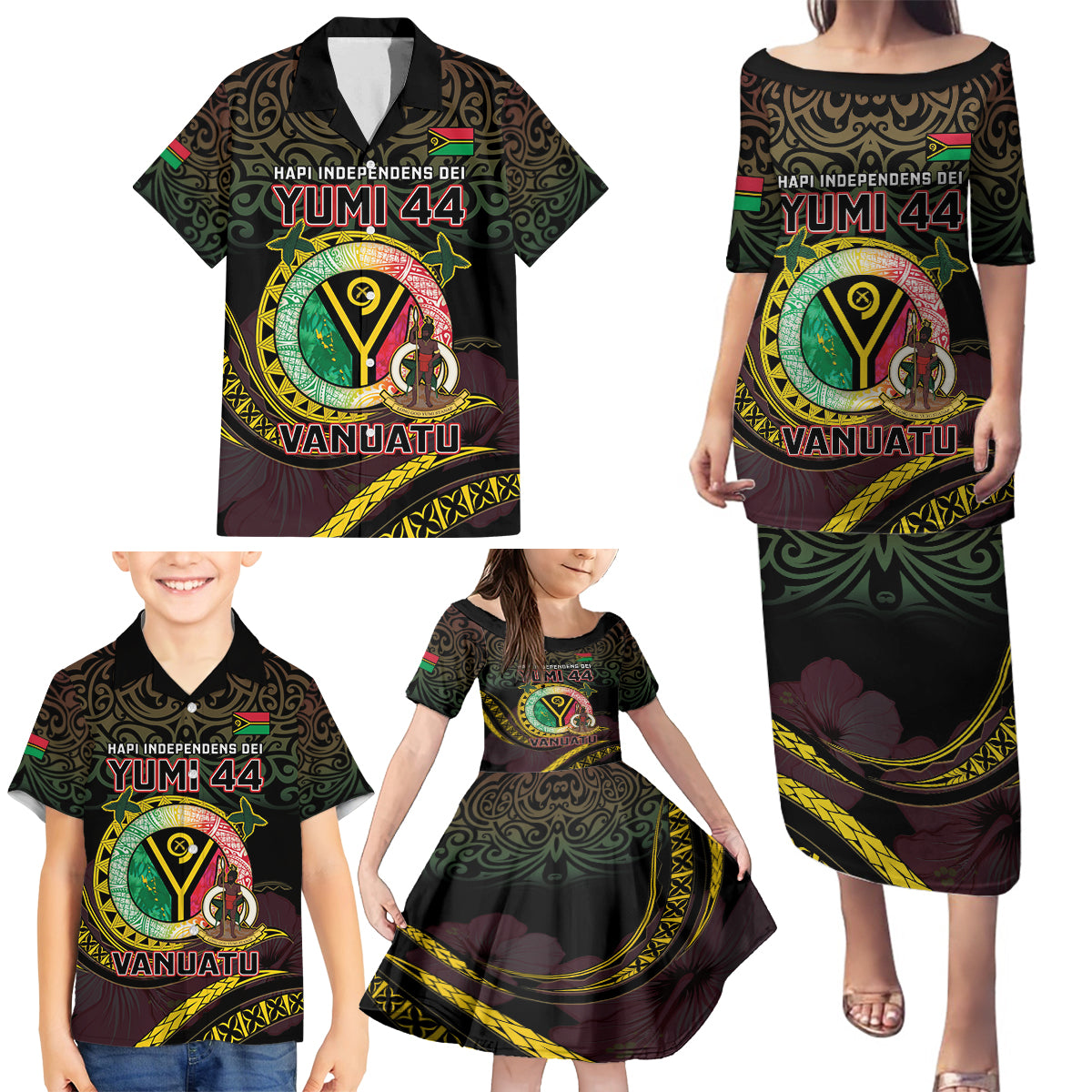 Personalised Vanuatu Family Matching Puletasi and Hawaiian Shirt Yumi 44 Hapi Independens Dei - Black Version