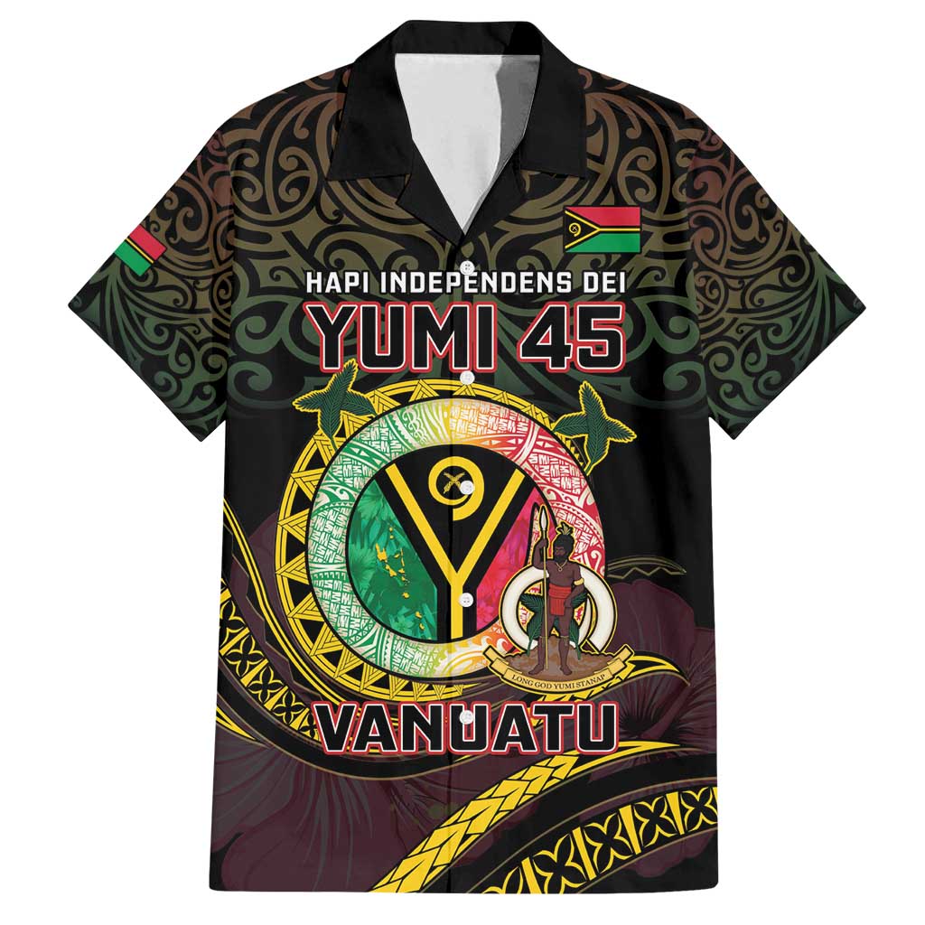 Personalised Vanuatu Family Matching Puletasi and Hawaiian Shirt Yumi 45th Hapi Independens Dei - Black Version LT14 Dad's Shirt - Short Sleeve Black - Polynesian Pride