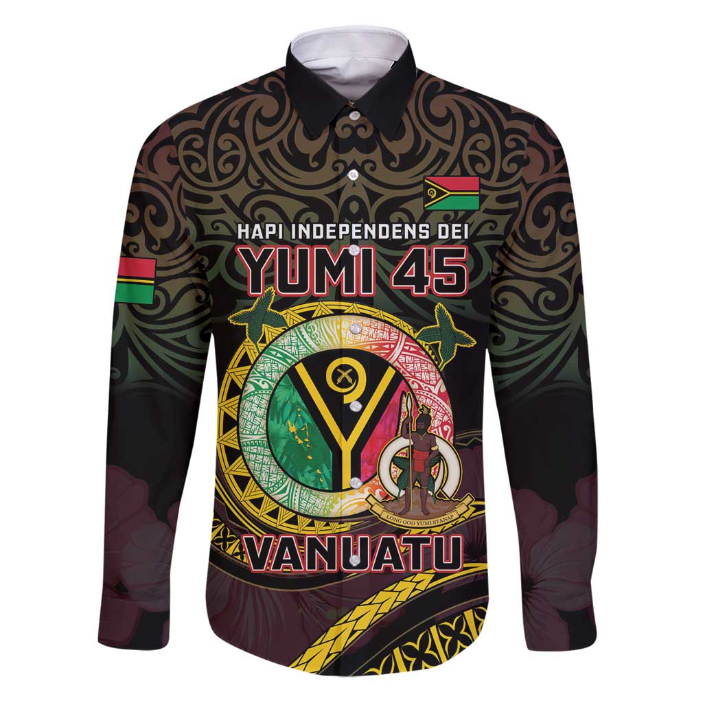 Personalised Vanuatu Family Matching Puletasi and Hawaiian Shirt Yumi 45th Hapi Independens Dei - Black Version LT14 Dad's Shirt - Long Sleeve Black - Polynesian Pride
