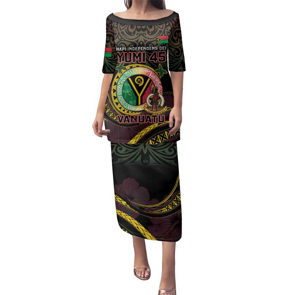 Personalised Vanuatu Family Matching Puletasi and Hawaiian Shirt Yumi 45th Hapi Independens Dei - Black Version LT14 Mom's Dress Black - Polynesian Pride